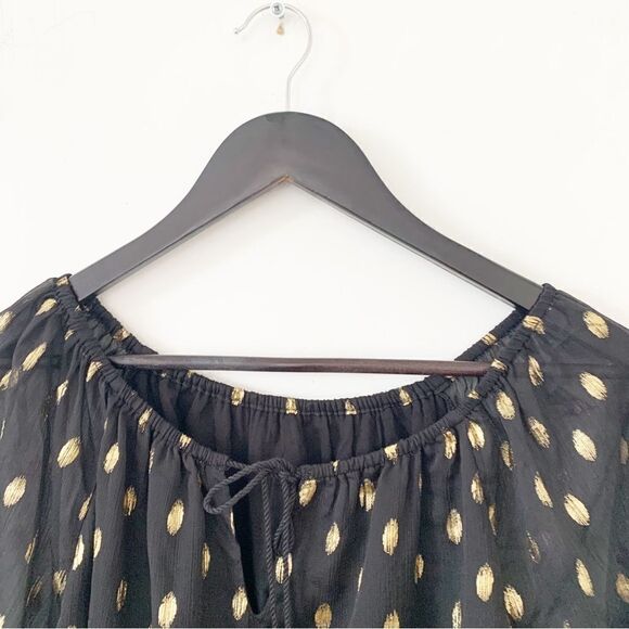 Black Gold Metallic Print Peasent Style Long Sleeve Boho Blouse - Picture 3 of 7